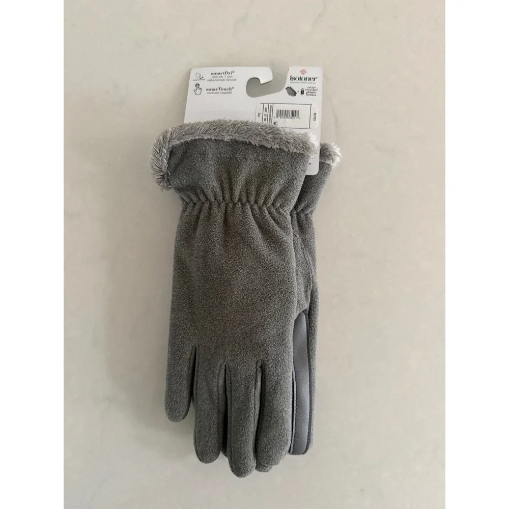 Isotoner Womens smartDri Touchscreen Gloves Gray Faux Fur Trim Fleece Lined NWT - Picture 3 of 4